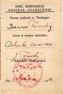 Doklad o přijetí Jana Tomského do biskupského semináře v Hradci Králové v roce 1939