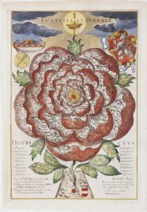 Barokní mapa českých zemí Bohemiae Rosa z roku 1677 vytvořená pro dílo Bohuslava Balbína.